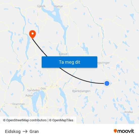 Eidskog to Gran map