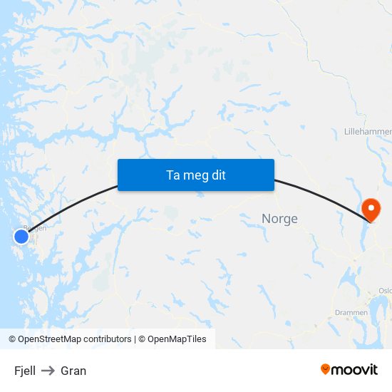 Fjell to Gran map