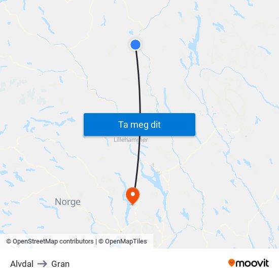 Alvdal to Gran map