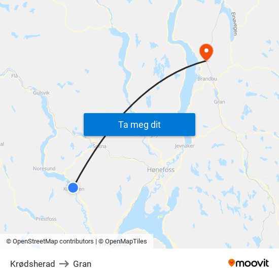 Krødsherad to Gran map