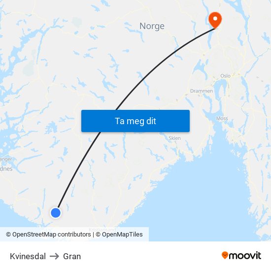 Kvinesdal to Gran map