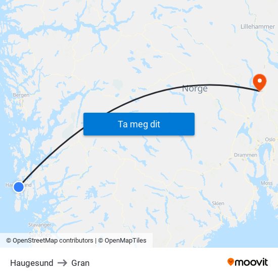 Haugesund to Gran map