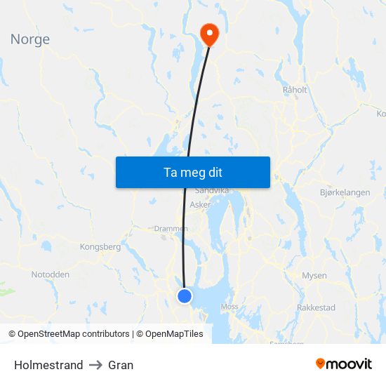 Holmestrand to Gran map