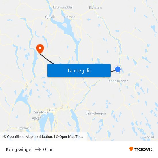 Kongsvinger to Gran map