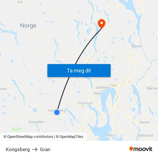 Kongsberg to Gran map