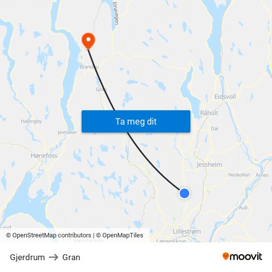 Gjerdrum to Gran map