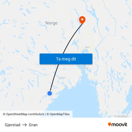 Gjerstad to Gran map