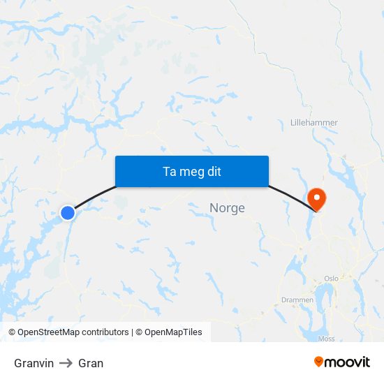 Granvin to Gran map