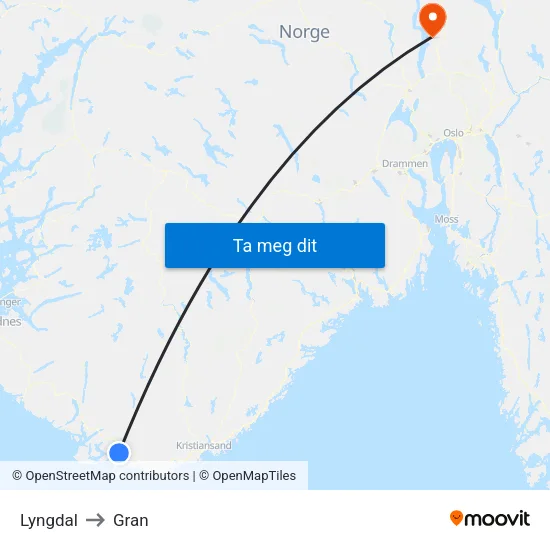 Lyngdal to Gran map