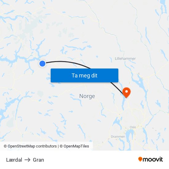 Lærdal to Gran map