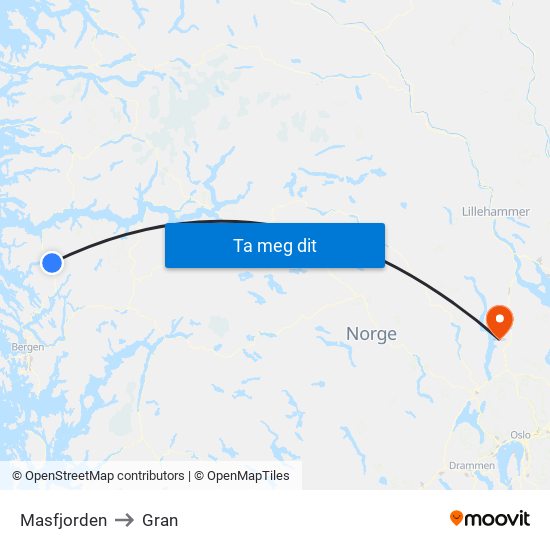 Masfjorden to Gran map