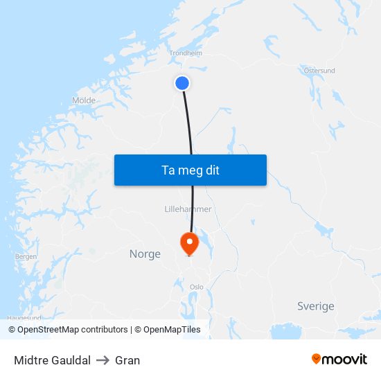 Midtre Gauldal to Gran map