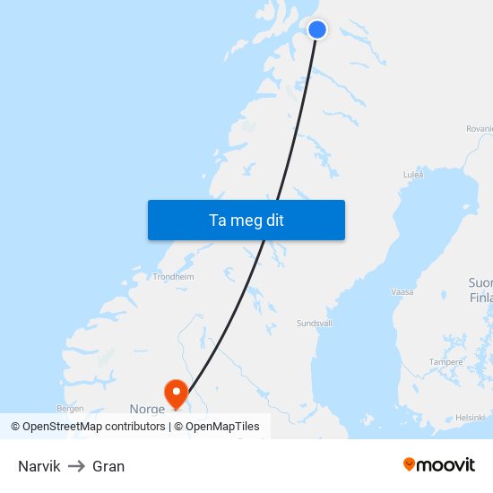 Narvik to Gran map