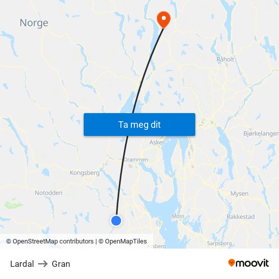 Lardal to Gran map