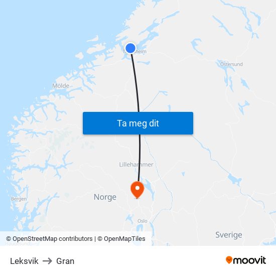 Leksvik to Gran map