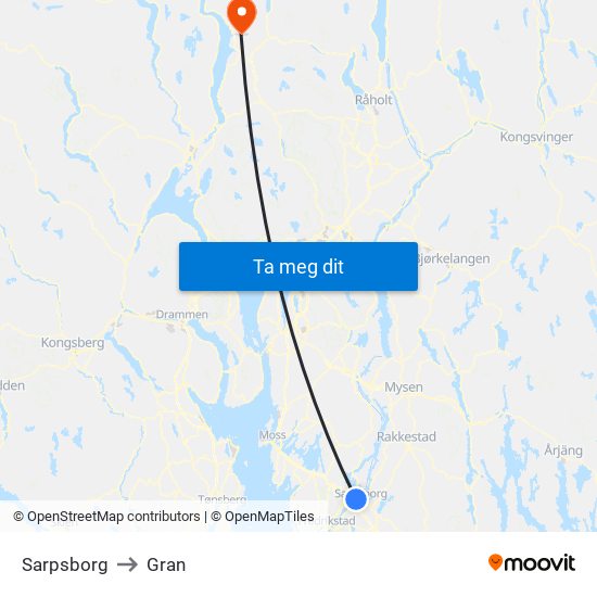 Sarpsborg to Gran map