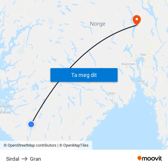 Sirdal to Gran map