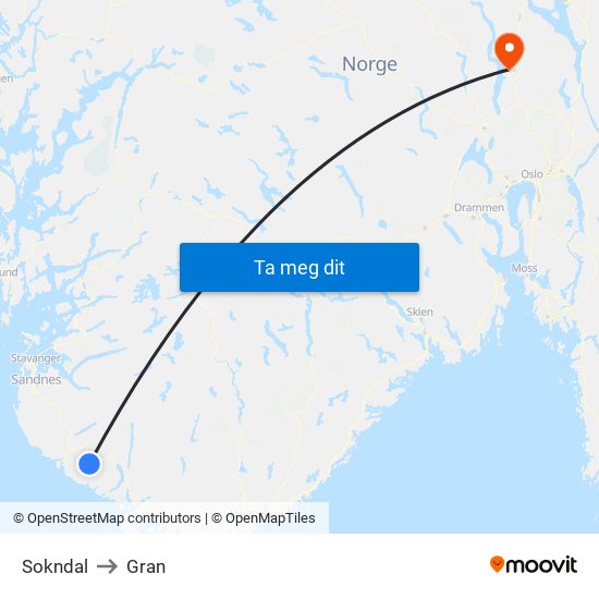 Sokndal to Gran map