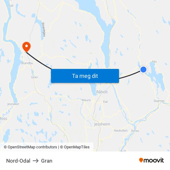 Nord-Odal to Gran map