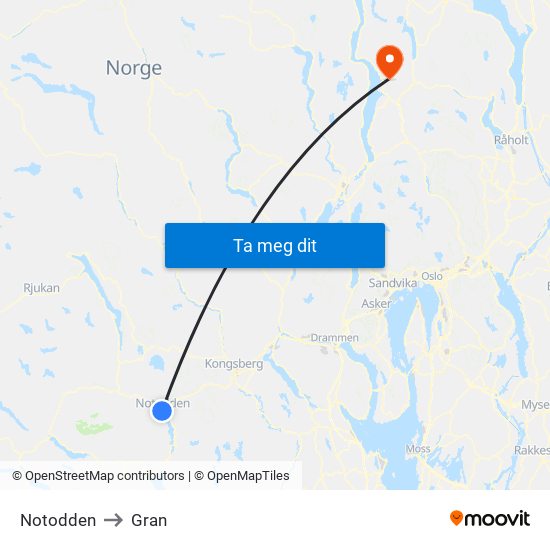 Notodden to Gran map