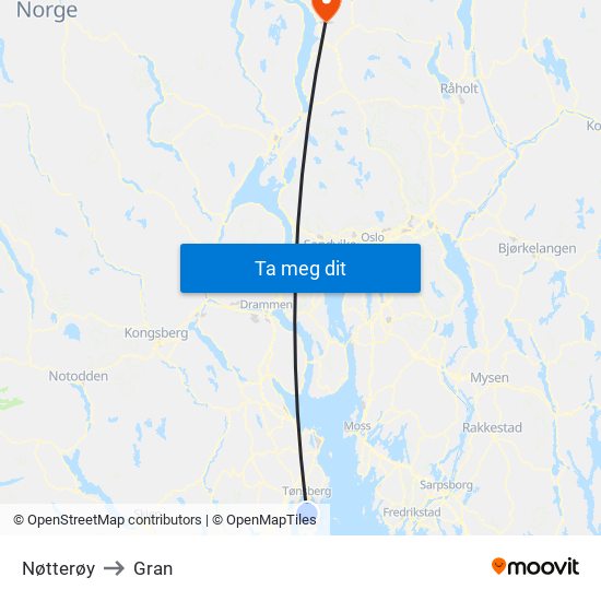 Nøtterøy to Gran map