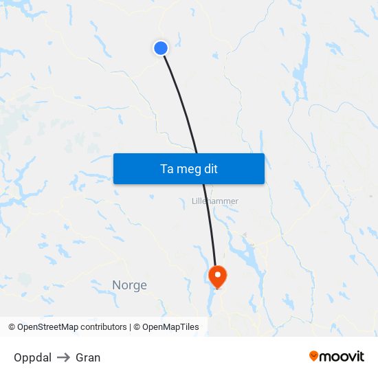 Oppdal to Gran map