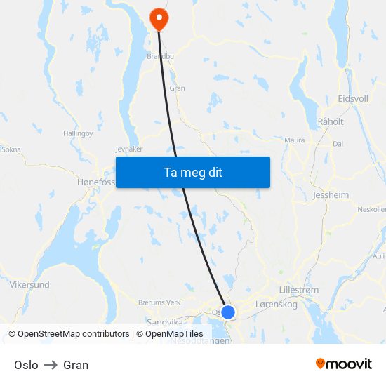 Oslo to Gran map