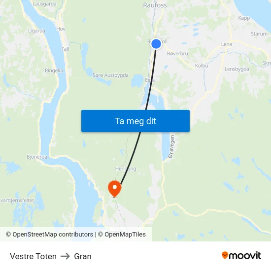 Vestre Toten to Gran map