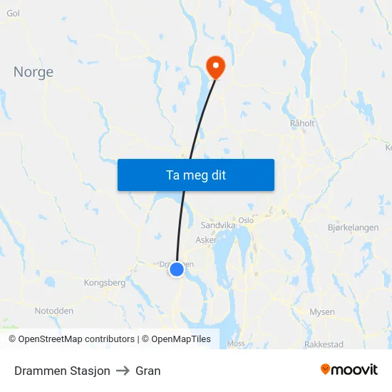 Drammen Stasjon to Gran map