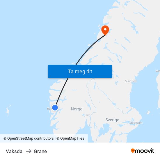 Vaksdal to Grane map