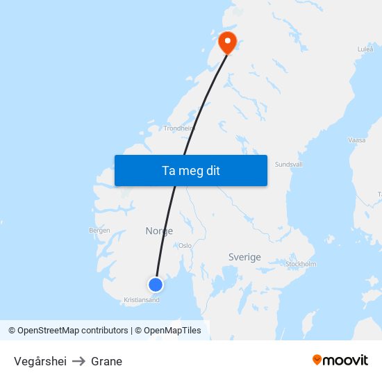 Vegårshei to Grane map