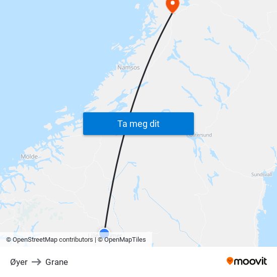 Øyer to Grane map