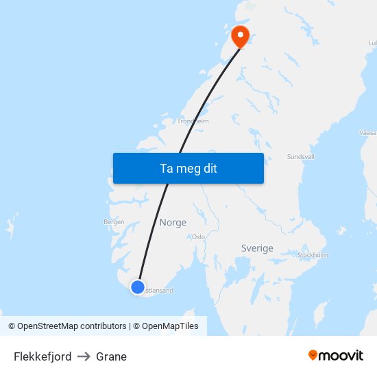 Flekkefjord to Grane map