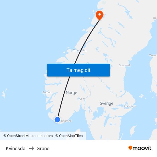 Kvinesdal to Grane map