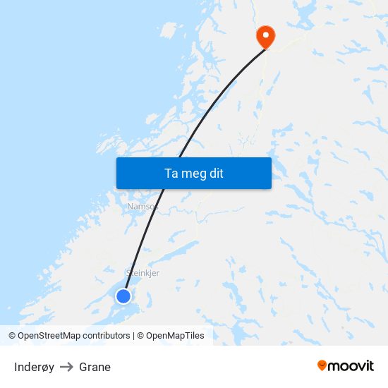 Inderøy to Grane map