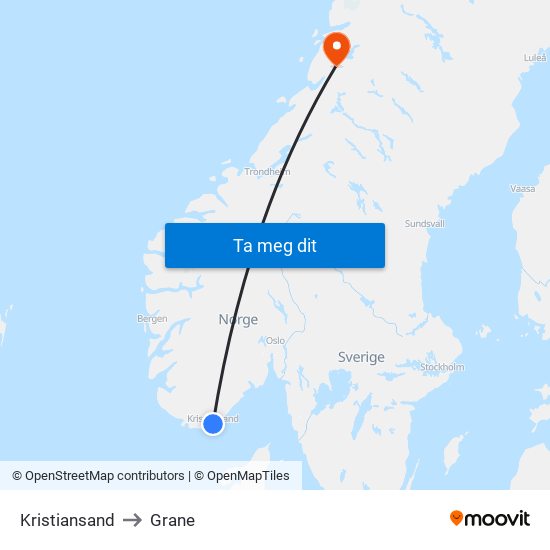 Kristiansand to Grane map