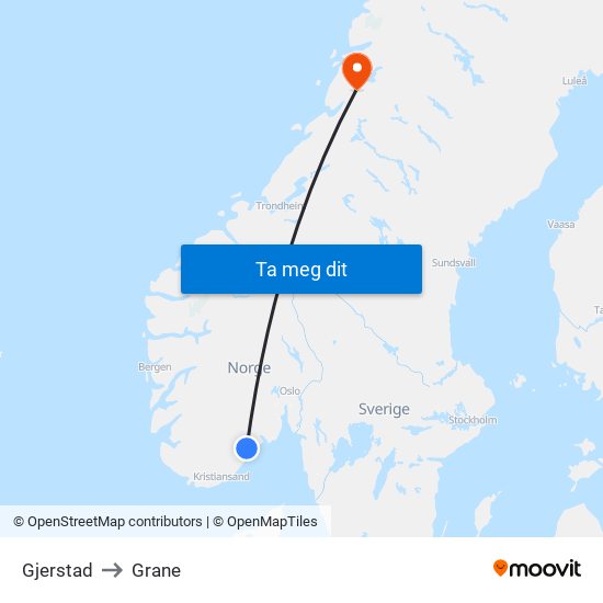 Gjerstad to Grane map