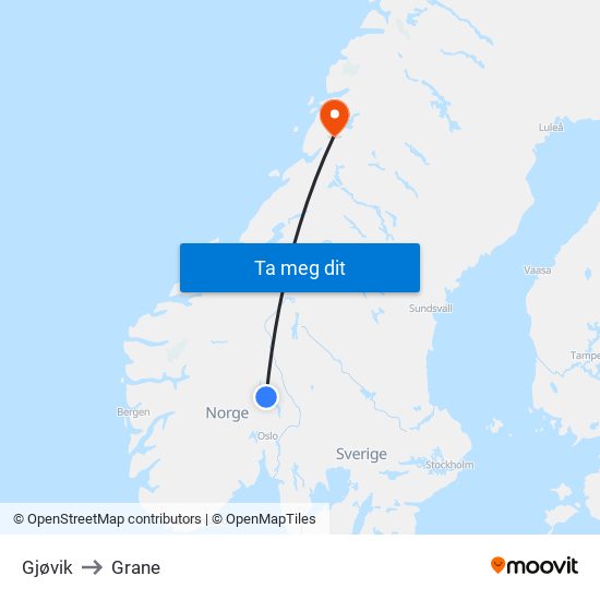 Gjøvik to Grane map