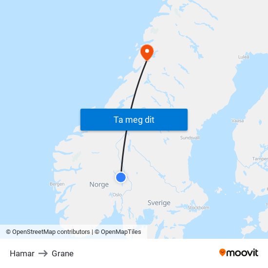 Hamar to Grane map
