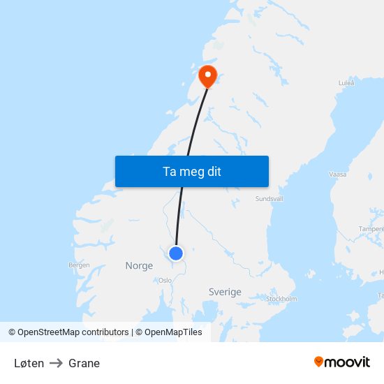 Løten to Grane map