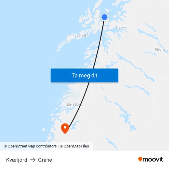 Kvæfjord to Grane map