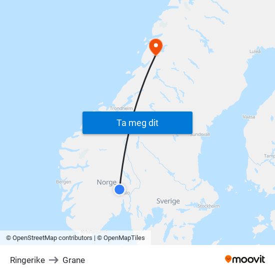 Ringerike to Grane map