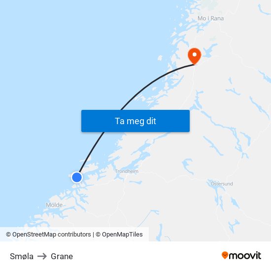 Smøla to Grane map