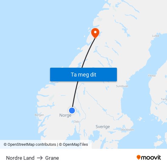 Nordre Land to Grane map