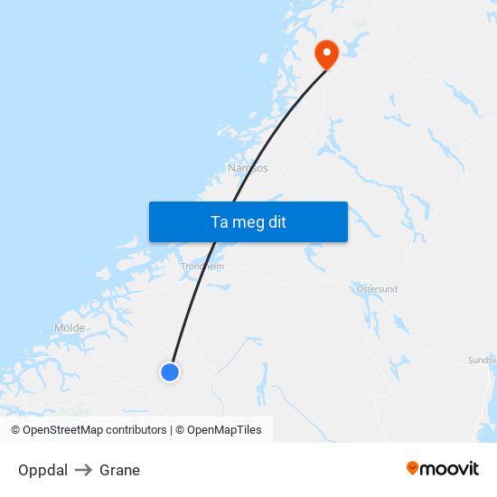 Oppdal to Grane map