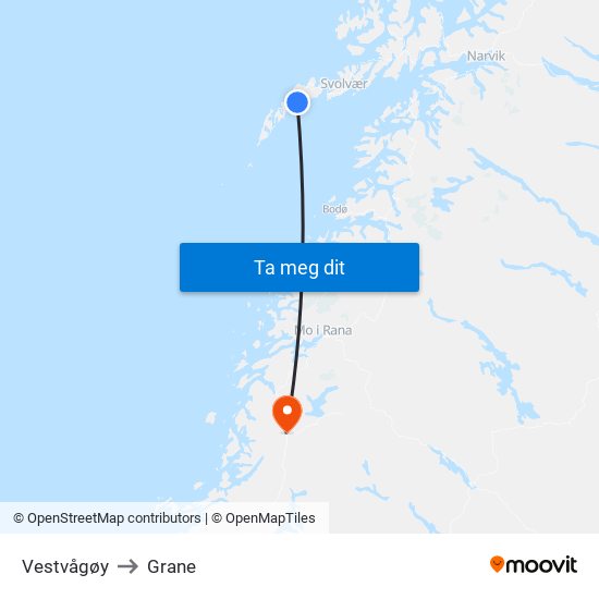 Vestvågøy to Grane map