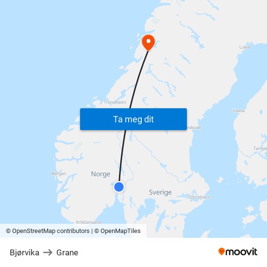 Bjørvika to Grane map