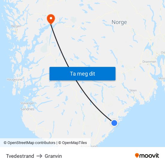 Tvedestrand to Granvin map