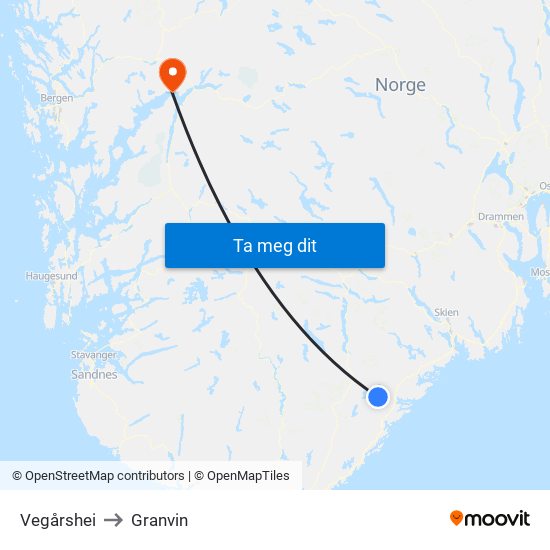 Vegårshei to Granvin map