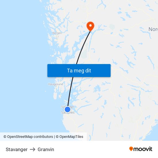 Stavanger to Granvin map